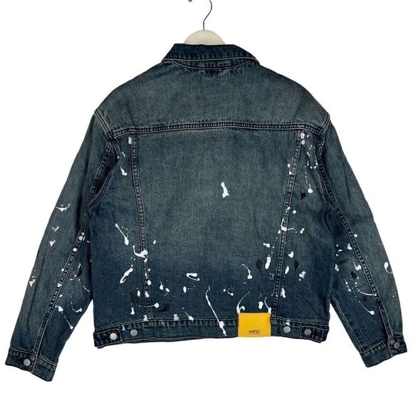 New WeSC Men US M Classic Casual Jacket White Paint Splatter Blue Denim | $220 - Picture 4 of 15